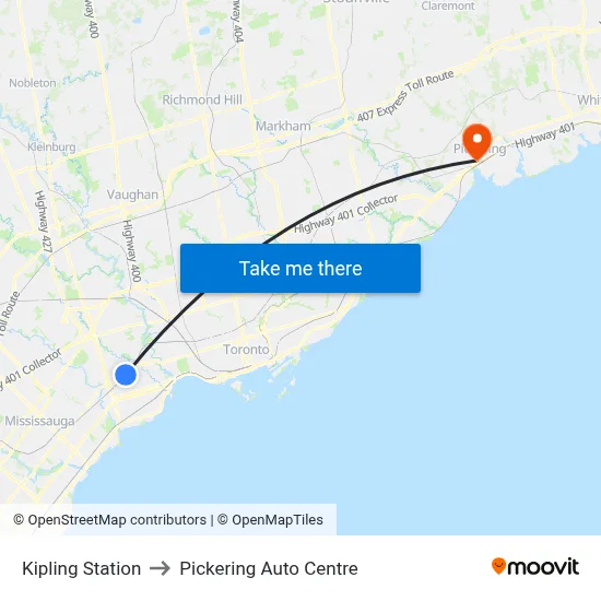 Kipling Station to Pickering Auto Centre map
