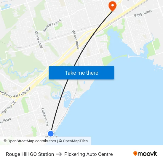 Rouge Hill GO Station to Pickering Auto Centre map