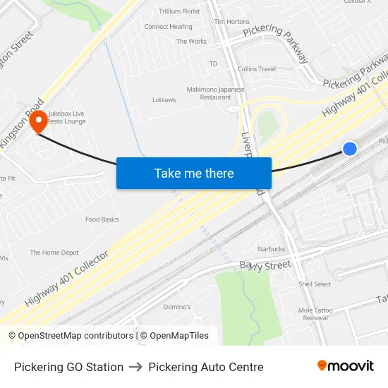 Pickering GO Station to Pickering Auto Centre map
