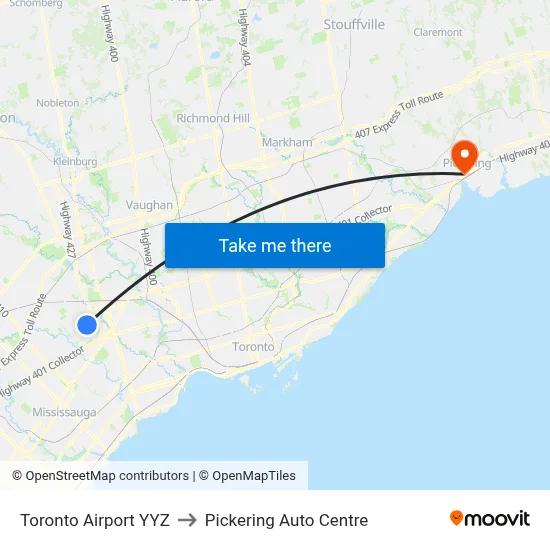 Toronto Airport YYZ to Pickering Auto Centre map
