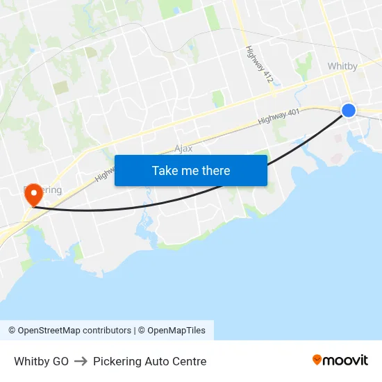 Whitby GO to Pickering Auto Centre map
