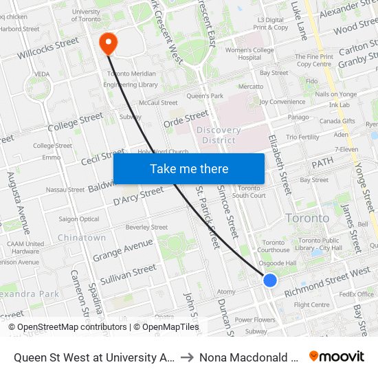 Queen St West at University Ave - Osgoode Station to Nona Macdonald Visitors Centre map