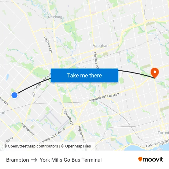Brampton to York Mills Go Bus Terminal map