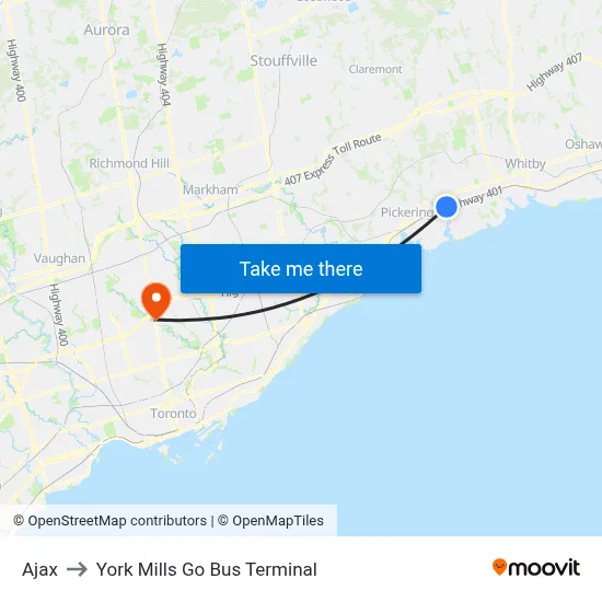 Ajax to York Mills Go Bus Terminal map