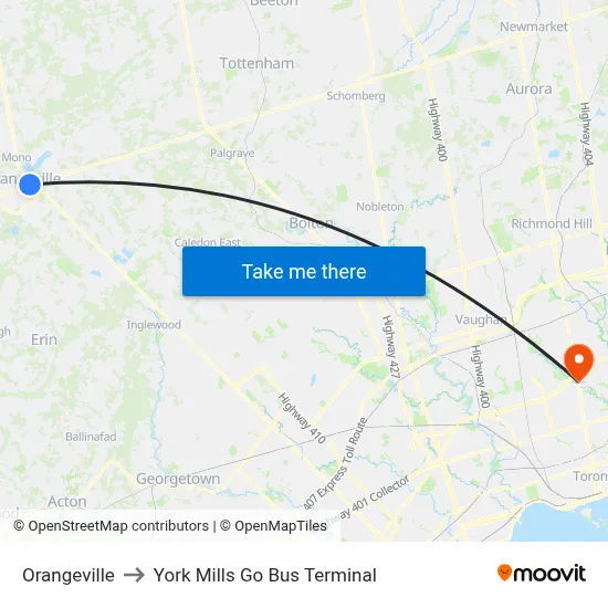 Orangeville to York Mills Go Bus Terminal map