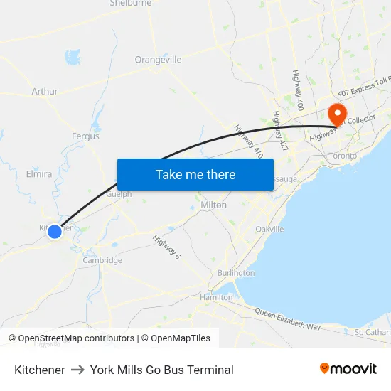 Kitchener to York Mills Go Bus Terminal map