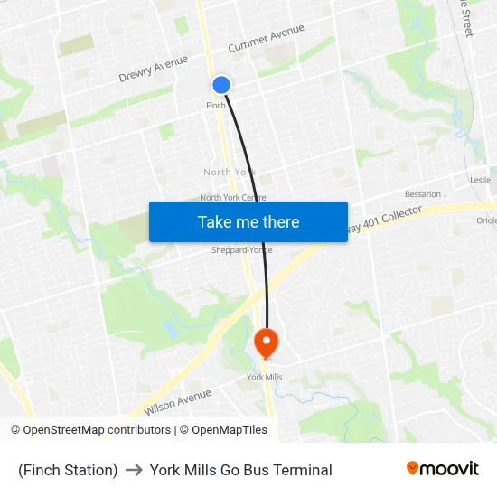 (Finch Station) to York Mills Go Bus Terminal map