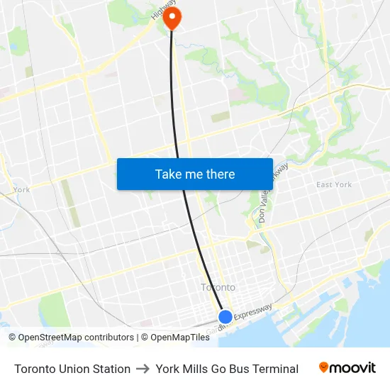 Toronto Union Station to York Mills Go Bus Terminal map