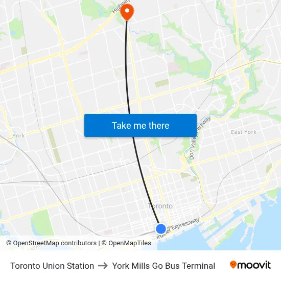 Toronto Union Station to York Mills Go Bus Terminal map
