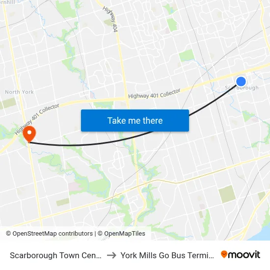 Scarborough Town Centre to York Mills Go Bus Terminal map