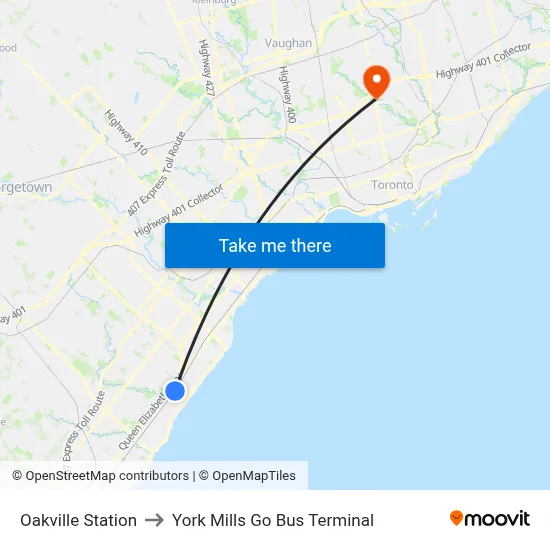 Oakville Station to York Mills Go Bus Terminal map