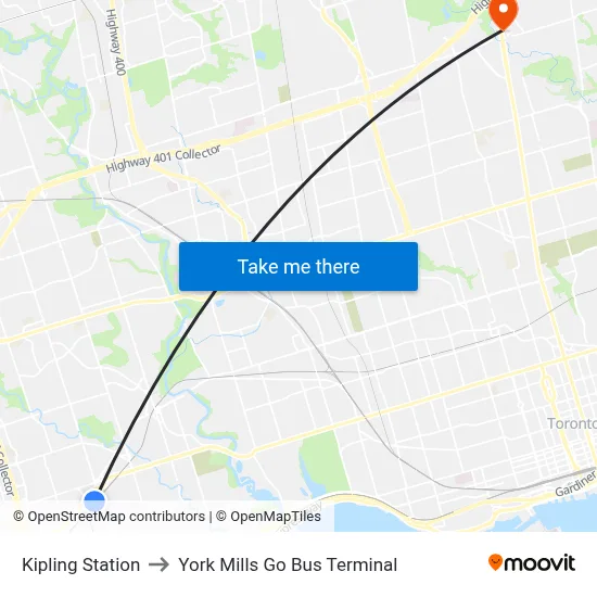 Kipling Station to York Mills Go Bus Terminal map