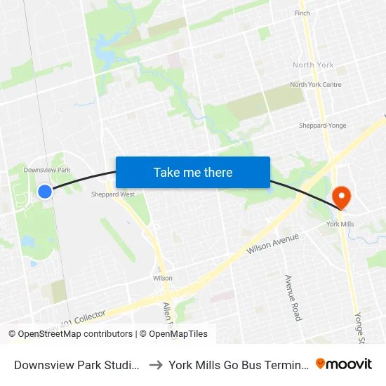 Downsview Park Studios to York Mills Go Bus Terminal map
