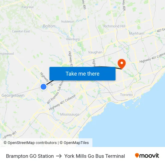 Brampton GO Station to York Mills Go Bus Terminal map