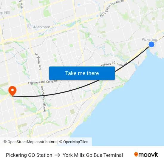 Pickering GO Station to York Mills Go Bus Terminal map