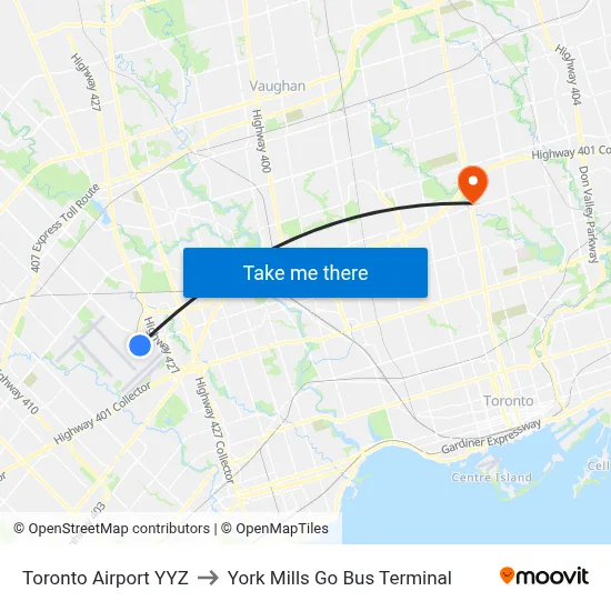 Toronto Airport YYZ to York Mills Go Bus Terminal map