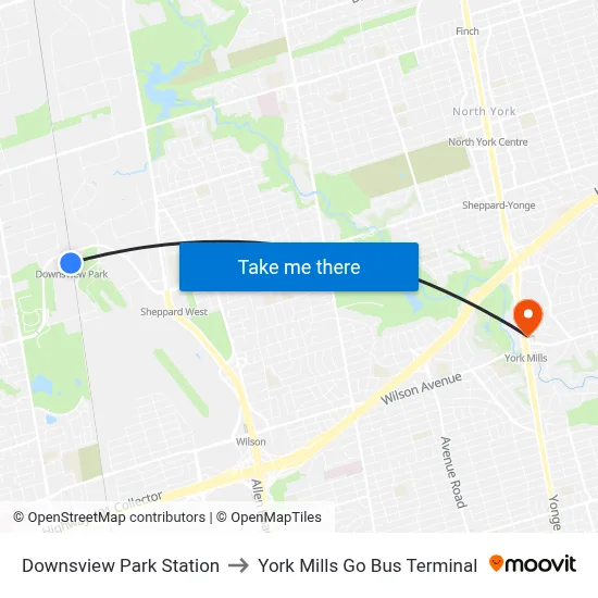 Downsview Park Station to York Mills Go Bus Terminal map