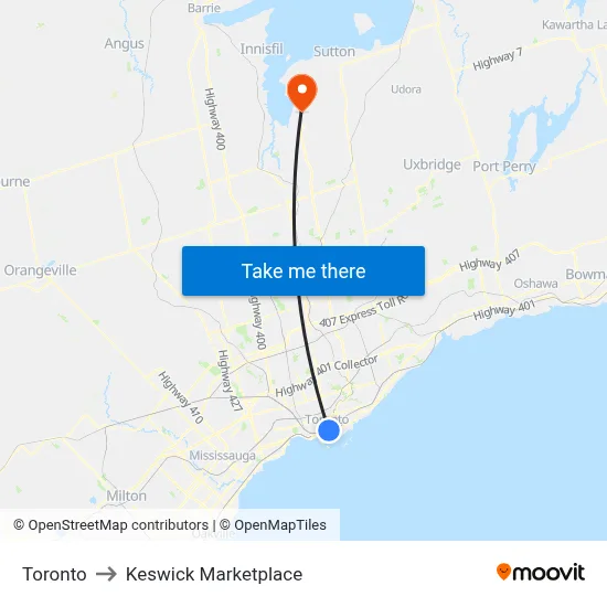 Toronto to Keswick Marketplace map