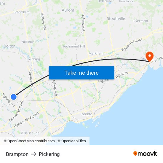 Brampton to Pickering map