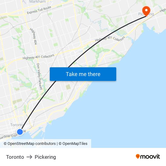 Toronto to Pickering map