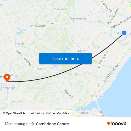 Mississauga to Cambridge Centre map