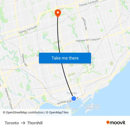 Toronto to Thornhill map