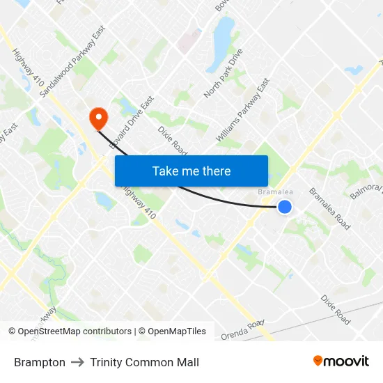 Brampton to Trinity Common Mall map