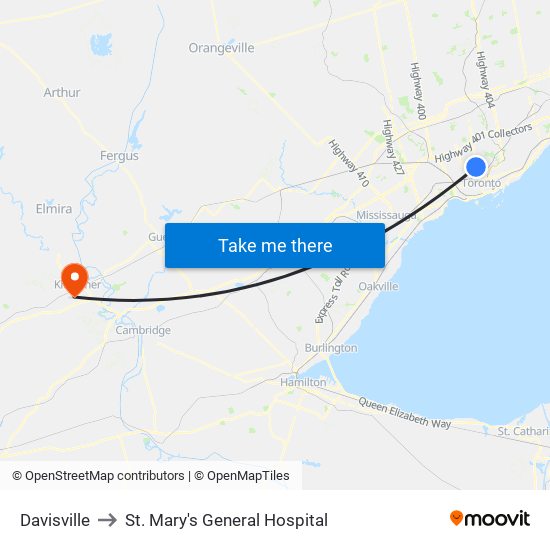 Davisville to St. Mary's General Hospital map