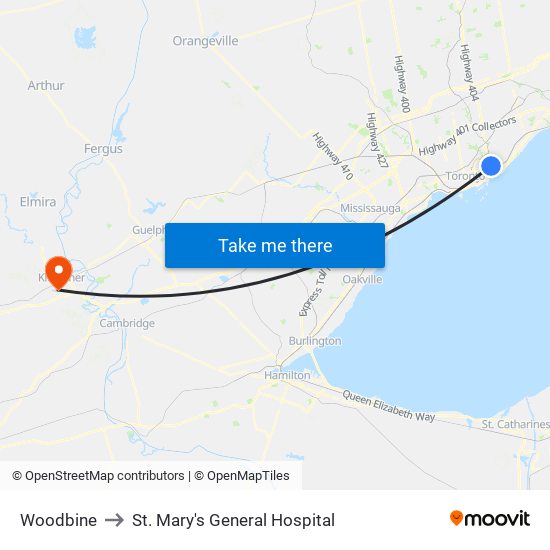 Woodbine to St. Mary's General Hospital map