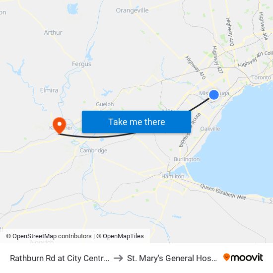 Rathburn Rd at City Centre Dr to St. Mary's General Hospital map