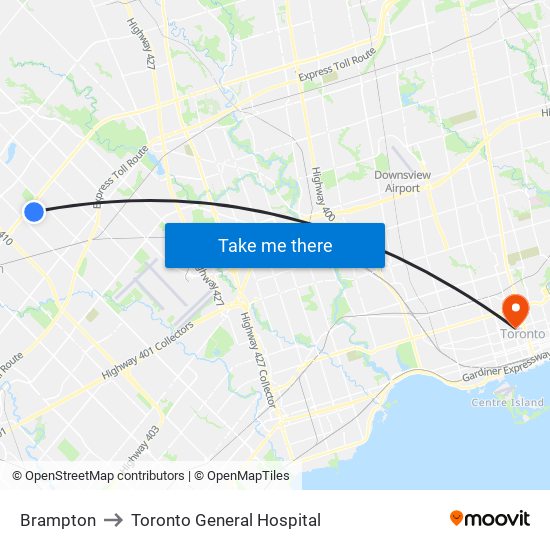 Brampton to Toronto General Hospital map