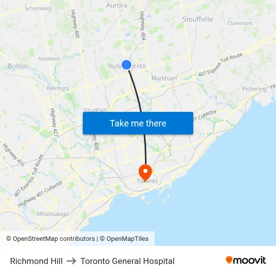 Richmond Hill to Toronto General Hospital map