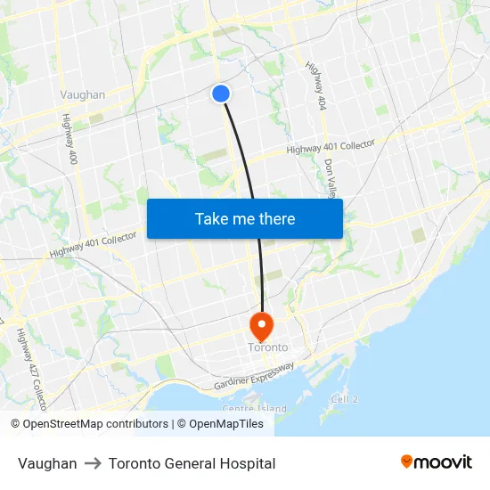 Vaughan to Toronto General Hospital map