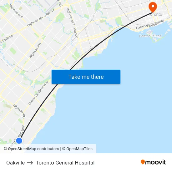 Oakville to Toronto General Hospital map