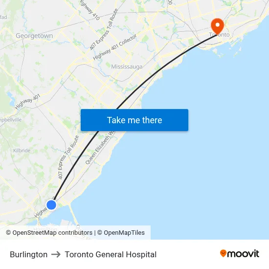 Burlington to Toronto General Hospital map