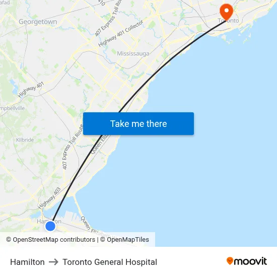 Hamilton to Toronto General Hospital map