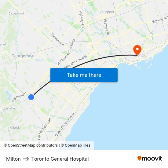 Milton to Toronto General Hospital map