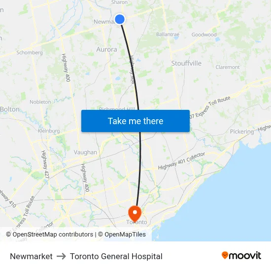Newmarket to Toronto General Hospital map