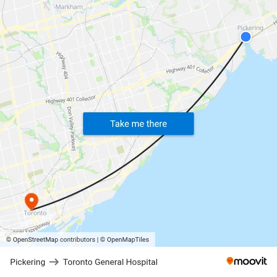 Pickering to Toronto General Hospital map