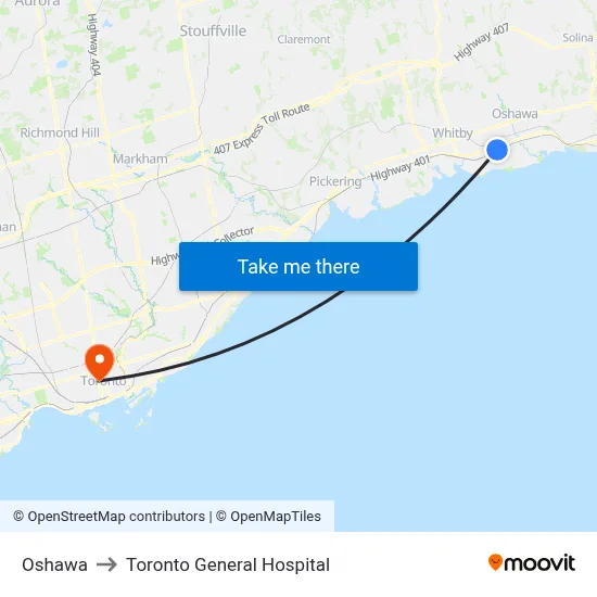 Oshawa to Toronto General Hospital map