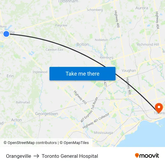 Orangeville to Toronto General Hospital map