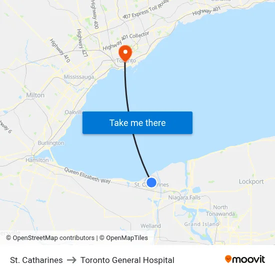 St. Catharines to Toronto General Hospital map
