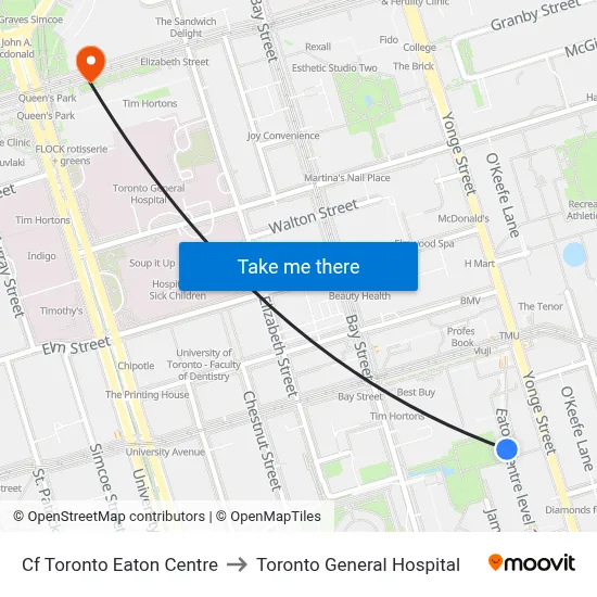 Cf Toronto Eaton Centre to Toronto General Hospital map