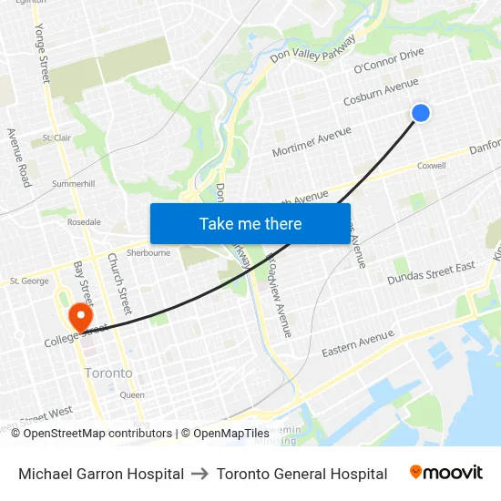 Michael Garron Hospital to Toronto General Hospital map