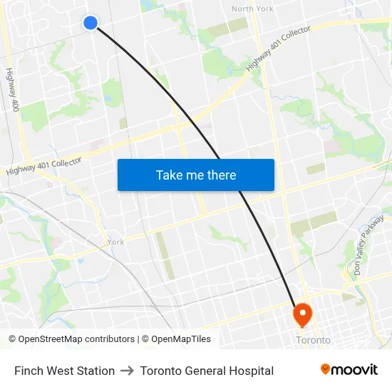 Finch West Station to Toronto General Hospital map