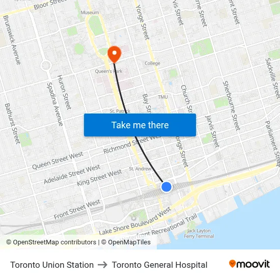 Toronto Union Station to Toronto General Hospital map