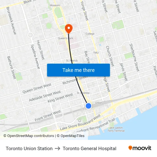 Toronto Union Station to Toronto General Hospital map