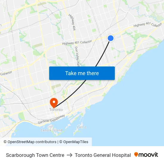 Scarborough Town Centre to Toronto General Hospital map