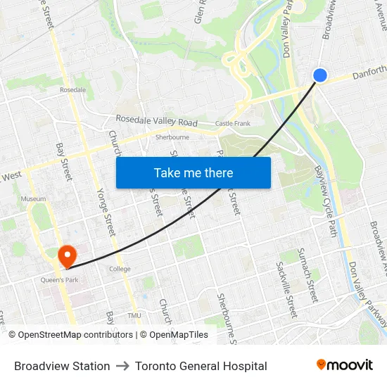 Broadview Station to Toronto General Hospital map