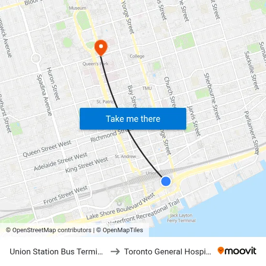 Union Station Bus Terminal to Toronto General Hospital map